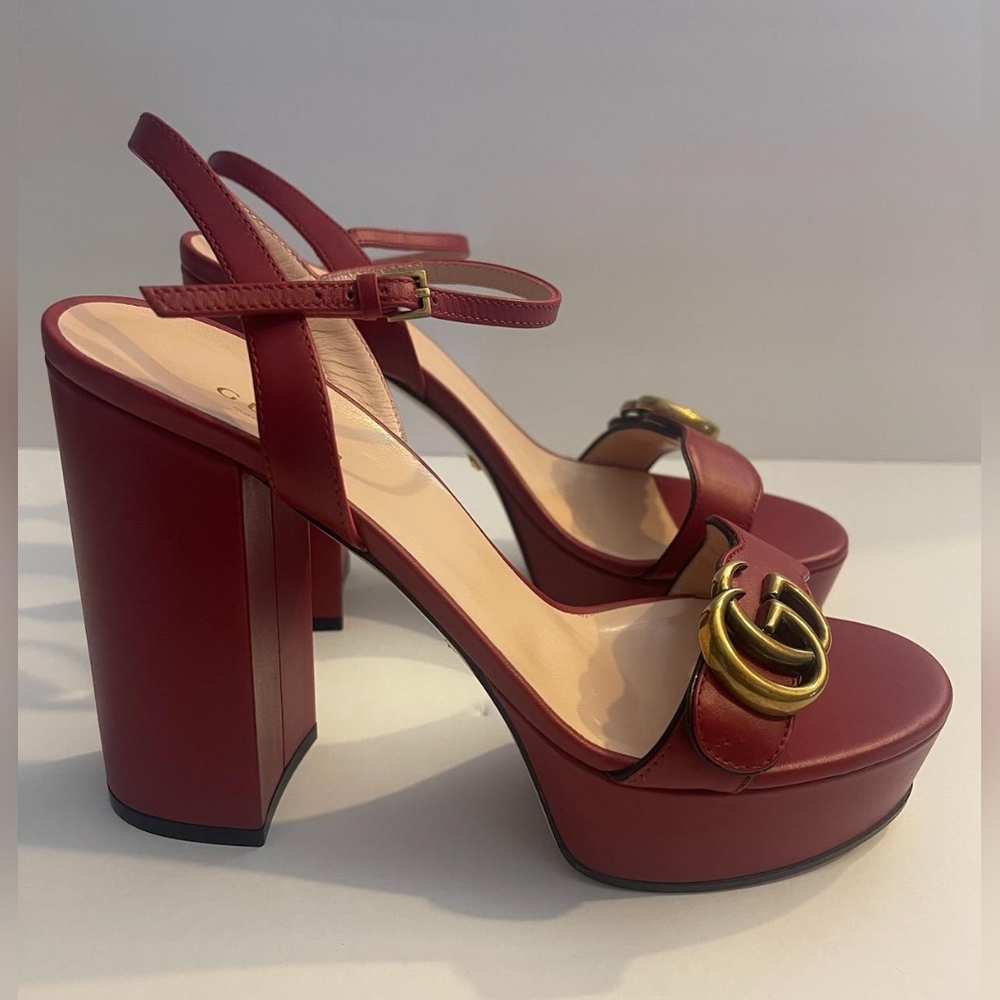 NEW Gucci Red Marmont GG Leather Ankle-Strap Platform Block Heel Sandals Size 7